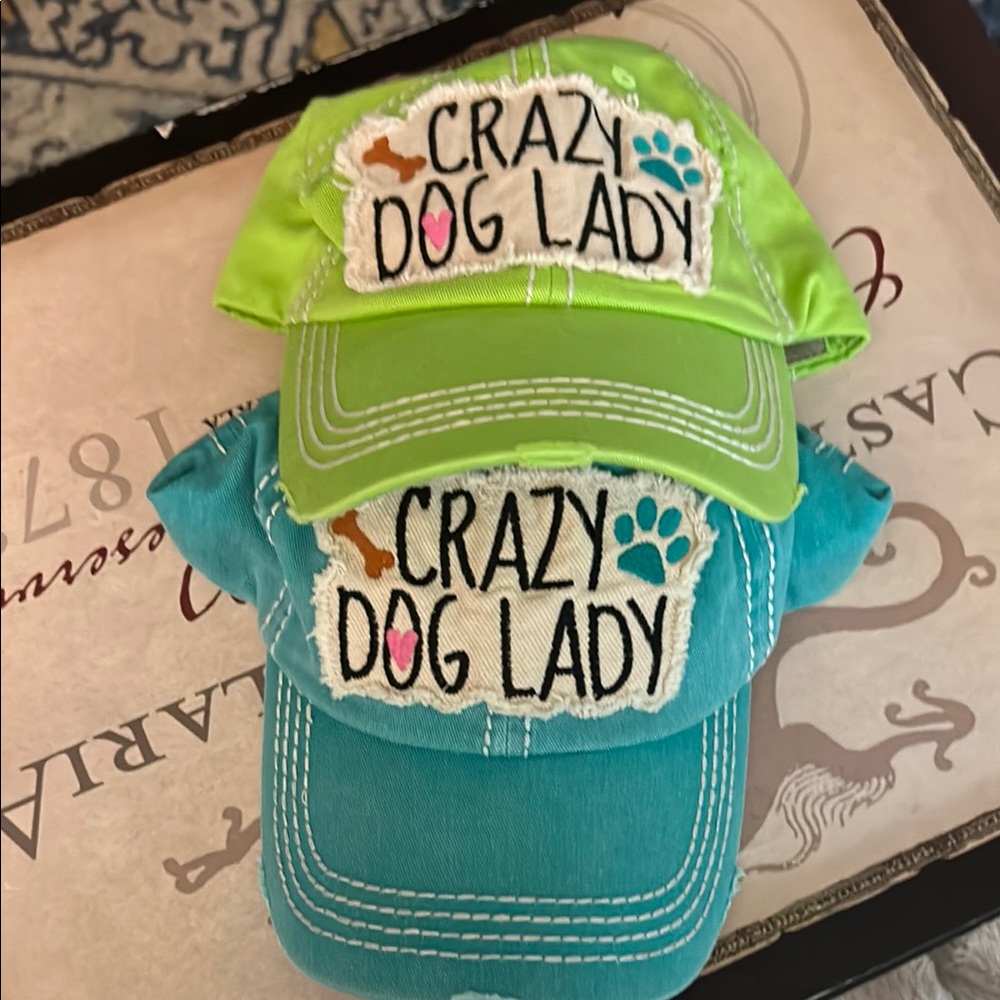 Green and Blue 'Crazy Dog Lady' Caps